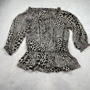 Agora Womens Leopard Print Ruffle Neck Smocked Peplum Blouse‎ Black Cream Medium